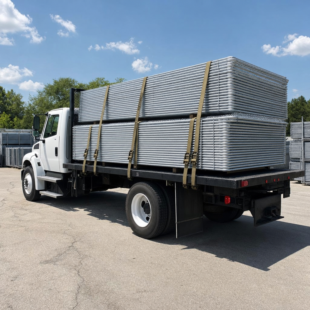 Flatbed delivery truck loaded with neatly stacked galvanized fence panels ready to leave the yard