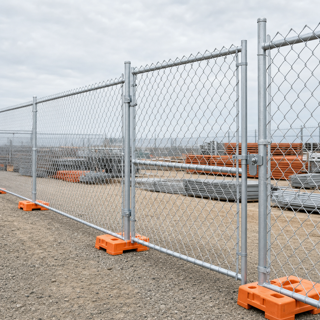 Swing gate opening built into a chain-link temporary fence line at a jobsite perimeter